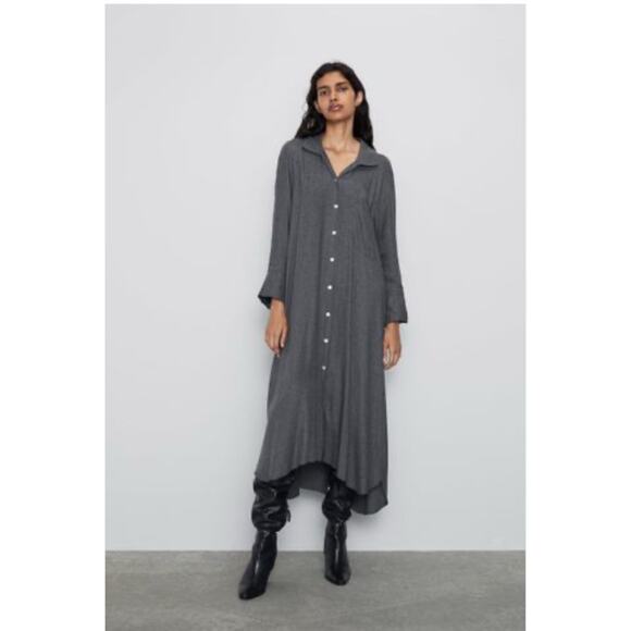 ZARA Button Down Hi Lo Shirt Dress Size L Charcoal Grey Viscose Comfy - Picture 1 of 6
